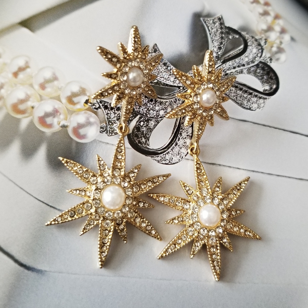 ❗Dita Von Teese Style Rhinestone Star Pearl Detail Drop Statement Earrings❗